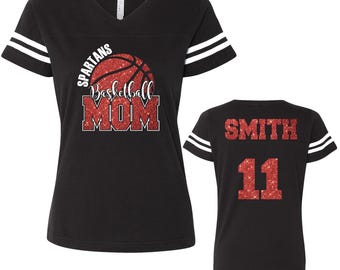 Maglietta da donna in jersey pregiato con scollo a V e design glitterato personalizzato per la mamma della squadra di basket di LAT, qualità straordinaria - 3537