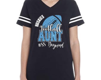 Football Aunt Custom Personalized Glitter Team Design Women's V-Neck Fine Jersey Tee by LAT Amazing Quality - 3537