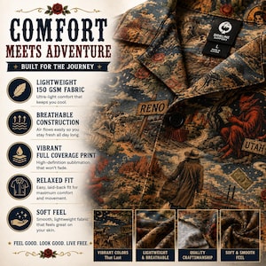 May include: A button-down shirt with a detailed print featuring a desert landscape, cowboys, and a devil figure. The shirt has a relaxed fit and is made of lightweight, breathable fabric. The text on the shirt reads "COMFORT MEETS ADVENTURE".
