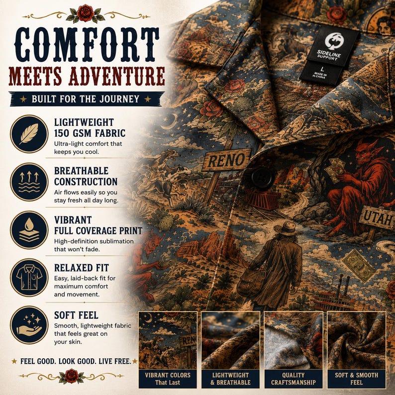 May include: A button-down shirt with a detailed print featuring a desert landscape, cowboys, and a devil figure. The shirt has a relaxed fit and is made of lightweight, breathable fabric. The text on the shirt reads "COMFORT MEETS ADVENTURE".