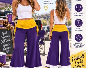 Purple Gold Football Flare Pants, Women's Game Day Wide Leg Pants, Football Fan Outfit Leggings