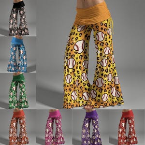 May include: Wide-leg pants with baseball and leopard print patterns in various colors. The pants feature a high waist and a flowing, flared design. Colors include black, blue, green, orange, pink, purple, and yellow.