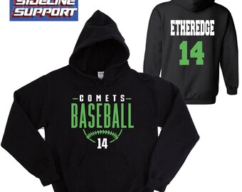 Puede incluir: Sudadera con capucha negra con el texto "-COMETS- BASEBALL" en verde, un gráfico de béisbol y el número "14". La parte trasera de la sudadera muestra "ETHEREDGE" y el número "14" en verde.