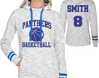 Sudadera con capucha y mangas a rayas para mujer, de J. America, con diseño personalizado de equipo de baloncesto y purpurina, de polar jaspeado - 8674