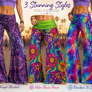 Può includere: Tre paia di pantaloni a zampa in colori e fantasie vivaci. Un paio presenta un design mandala viola, un altro ha una stampa retrò flower power e il terzo mostra un motivo tie-dye arcobaleno. Il testo recita "3 Stunning Styles YOU CHOOSE".