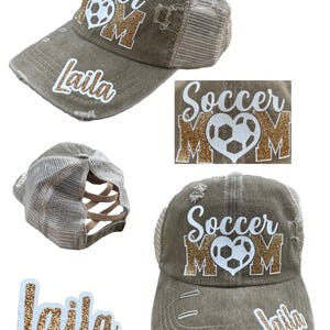 Custom Personalized Soccer Mom Glitter Design Distressed Pony Tail Trucker Hat Cap with Player Name