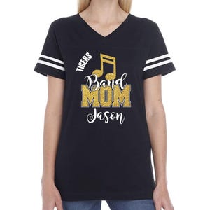 Marching Band Mom Custom Personalized Glitter Design Women&#39;s V-Neck Fine Jersey Tee by LAT Amazing Quality Boujee Band Mom - 3537