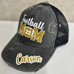 Custom Personalized Football Mom Glitter Design Distressed Pony Tail Trucker Hat Cap with Player Name and Number