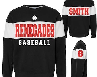 Puede incluir: Sudadera negra con diseño de bloques de color blanco y rojo. La parte delantera presenta el texto "RENEGADES BASEBALL" en rojo con un gráfico de béisbol. La parte trasera presenta el texto "SMITH" en rojo.