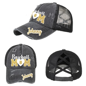 Custom Personalized Baseball Mom Glitter Design Distressed Pony Tail Trucker Hat Cap with Player Name and Number