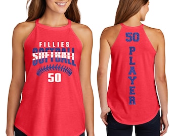 Personalizowany top do softballu, błyszcząca koszulka drużynowa, personalizowany top z imieniem i numerem zawodnika, damski top rocker, koszulka do softballu na mecz