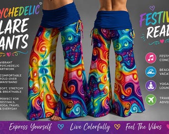 Psychedelic Flare Pants | Festival Bell Bottoms | Colorful Boho Yoga Pants | Retro Hippie Lounge Pants | Rave Outfit | Fold Over Waist