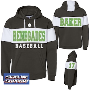 New Fully Custom Personalized Baseball Glitter Design Colorblock Varsity Fleece J America Hooded Hoodie Sweatshirt - 8644.Blk/Purp