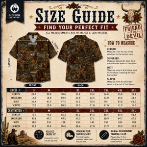 May include: Size guide graphic with measurements in inches and centimeters for a button-down shirt. The shirt has a brown and tan pattern. Includes instructions on how to measure the length, shoulder, bust, and sleeve.