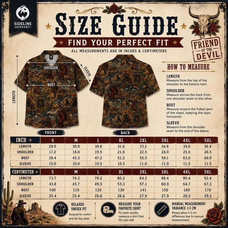 May include: Size guide graphic with measurements in inches and centimeters for a button-down shirt. The shirt has a brown and tan pattern. Includes instructions on how to measure the length, shoulder, bust, and sleeve.