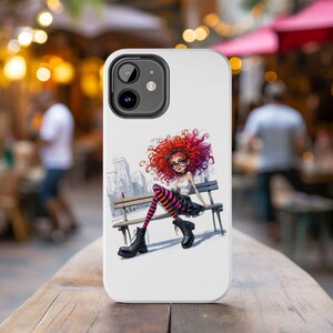 May include: White phone case with a cartoon illustration of a red-haired woman wearing black and pink striped tights, sitting on a bench in a city setting.