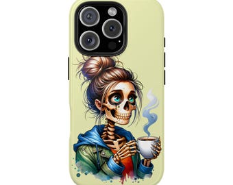 Funda para iPhone con esqueleto amante del café, esqueleto con moño desordenado tomando café, funda para teléfono con esqueleto bebedor de café divertido, regalo para amantes del café