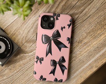 Pink phone case with little black bows Tough Phone Cases, Black bows phone case, cute girl iphone case, samsung phone case with bows