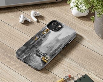 Rainy Day NYC with Yellow Accents Tough Phone Case -Cityscape phone case- NYC lover gift- Manhattan I phone