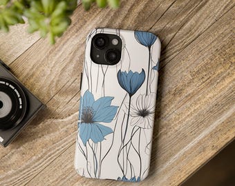 Pretty blue floral tough phone case, Impact resistant, rubber lining, free shipping smart phone case, many sizes phone cases