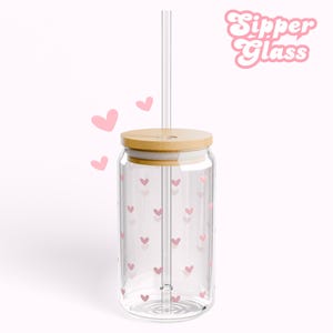 Sipper Glass Tumbler Cup With Lid And Straw | Valentine&#39;s Day Gift | Iced Coffee Glass With Mini Hearts | 16oz
