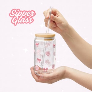 Valentine&#39;s Day Sipper Glass Tumbler Cup With Lid And Straw | 16oz Tumbler Glass With Hearts & Bows | Valentine&#39;s Day Gift | Iced Coffee Cup