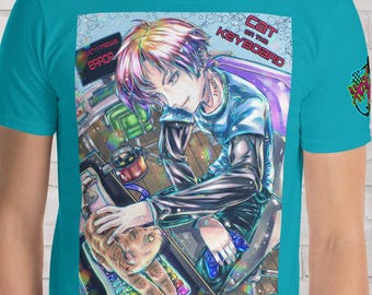 Kawaii Neko/Cat on Keyboard Anime Tee - Funny Gaming Gift Idea