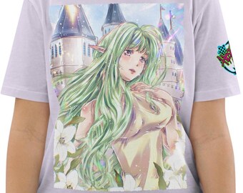Anime Elf Girl T-Shirt - Sad Crying Aesthetic, Fantasy Castle & Lily Flowers, Manga Style Graphic Tee, Emotional Ethereal Pastel Streetwear