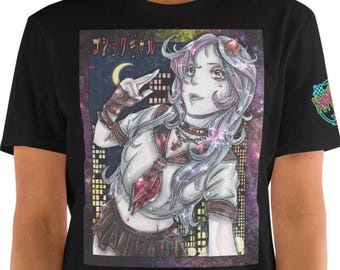 Gothic Gyaru Anime T-Shirt, Goth Schoolgirl Night Cityscape Tee, Alt Clothing, Harajuku Style Streetwear Gift