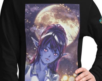 Dark Elf Anime Long Sleeves T-Shirt - Fantasy Gothic Graphic Tee - Red Eyed Elf Aesthetic - Spectral Moon Night Scene