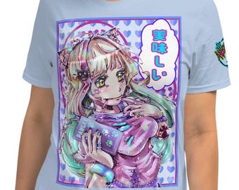 Kawaii Cat Girl T-Shirt - Anime Neko Girl Eating Sweets Graphic Tee - Japanese Streetwear Pastel Goth Shirt - Oishii/Delicious