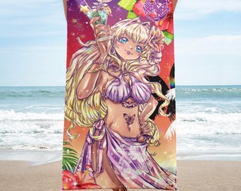 Anime Girl Beach Towel, Hibiscus Hawaiian Style - Summer Vibes