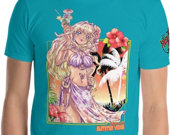 Anime Summer Bikini Girl Tee - Kawaii Sunset Palm Beach T-Shirt - Tropical Hibiscus Manga Art - Vacation Aesthetic Apparel
