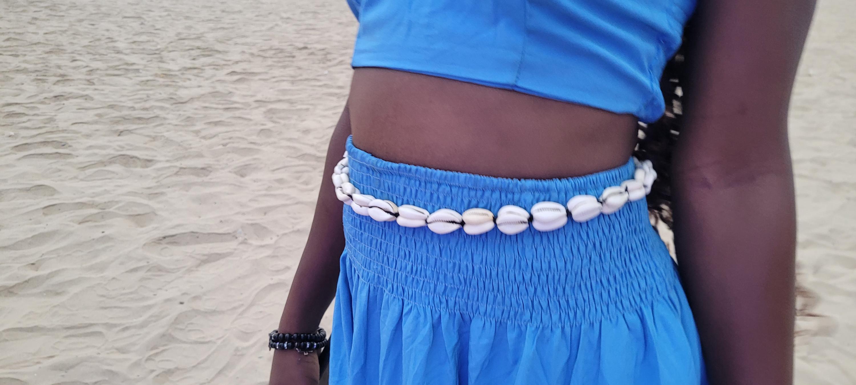 GIPSY Sea Shells Sash Belt CINCH WAIST Handmade Cowrie Turquoise Button Beaded M Vintage African Beaded Tie Waist Belt in Turquoise Seed  main image 2