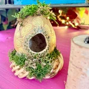 May include: A handcrafted birdhouse made from a gourd, adorned with painted yellow swirls and dots. The birdhouse has a round opening and is surrounded by green moss and woven twigs. The birdhouse sits on a pink surface.
