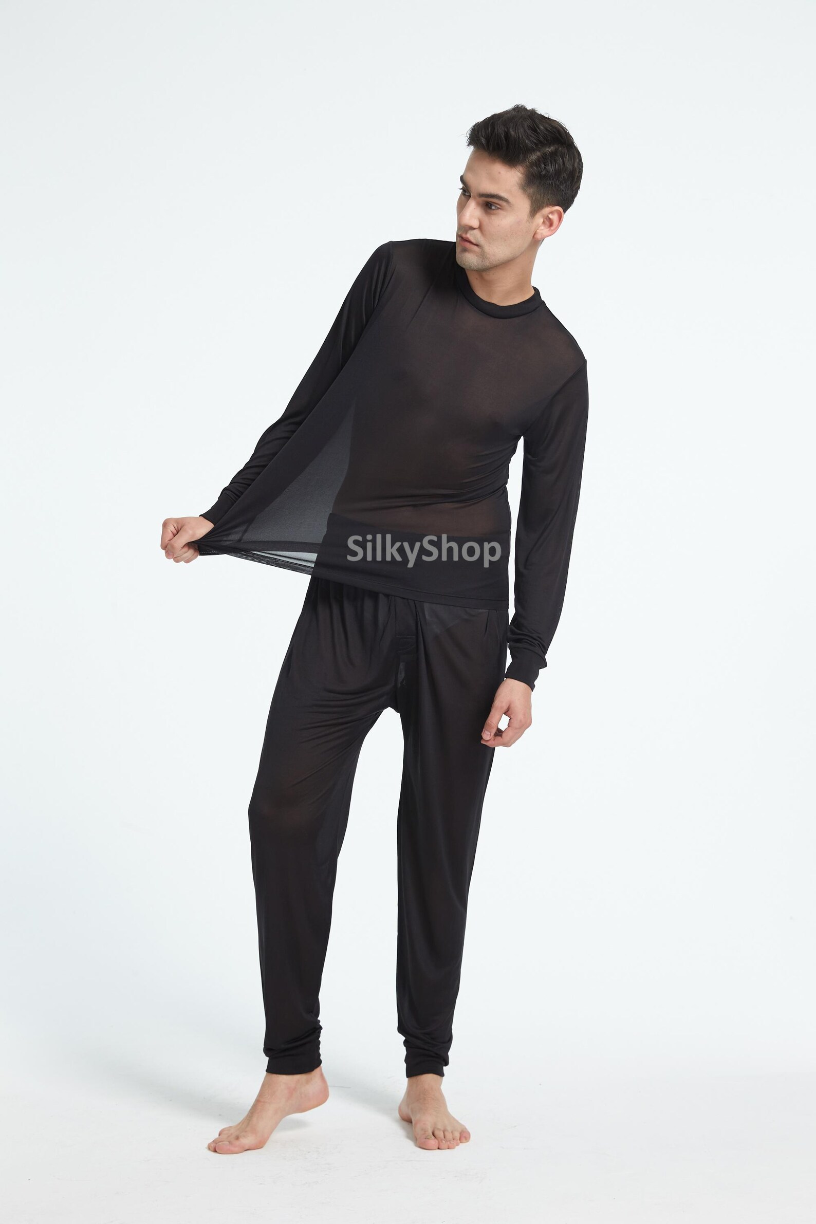 Long Scut Silkyshop Men Silk Long Johns Top Bottom Lightweight Knit Thermal ...