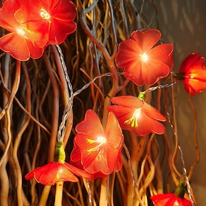 May include: A string of decorative lights featuring translucent red flower-shaped shades. Each flower contains a small glowing bulb at its center, connected by a thin silver wire. The petals have a fine mesh texture and green stems.