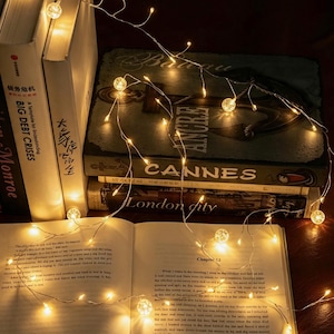 Pode incluir: Um fio de luzes LED branco quente com pequenas lâmpadas esféricas transparentes drapeado sobre uma pilha de livros. Os livros incluem títulos como Marilyn Monroe, Big Debt Crises, Bateau, Cannes e London City, iluminados pelas luzes brilhantes.