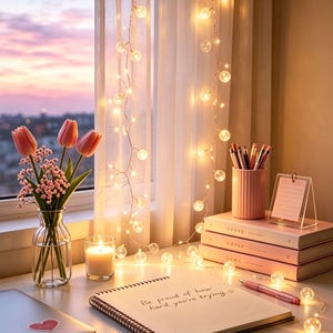 May include: A clear glass vase with pink tulips and baby's breath, a lit candle, a string of glowing globe lights, a pink pen holder with pens, a stack of pink books, a small desk calendar, and a spiral notebook with the text Be proud of how hard you're trying.