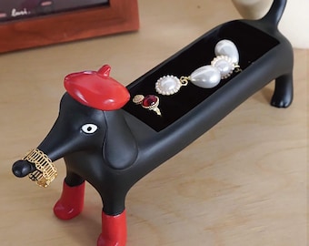 Porta-anéis Dachshund, organizador de joias, decoração de mesa, estatueta de cachorro salsicha em resina, presente para amantes de cães, organizador de joias exclusivo para mulheres.