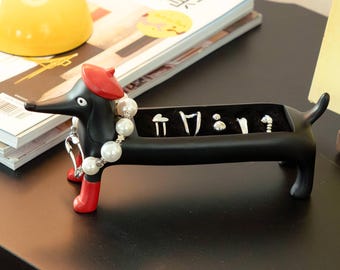 Porta-joias Dachshund para amantes de cães, decoração fofa com cachorro, porta-anéis, presente de aniversário exclusivo para ela, elegante organizador de anéis.