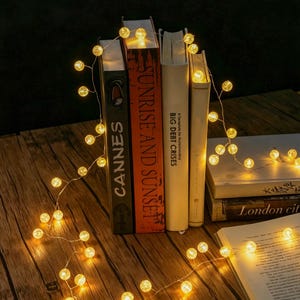 Puede incluir: Una cadena de luces de alambre fino con pequeñas bombillas esféricas de luz amarilla cálida, dispuesta sobre varios libros de tapa dura, incluyendo títulos como Cannes, Sunrise and Sunset y Big Debt Crises sobre una superficie de madera.
