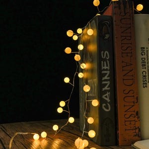 Könnte beinhalten: Eine Lichterkette mit kleinen, warmweiß leuchtenden, kugelförmigen LED-Lichtern an einem dünnen Draht, drapiert über drei Büchern mit den Titeln Cannes, Sunrise and Sunset und Big Debt Crises. Die Lichter strahlen ein sanftes Licht aus.