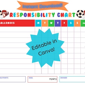 May include: A printable responsibility chart with a colorful design. The chart includes a section for challenges, days of the week, points, total points, goal, and reward. The text "Editable in Canva!" is displayed in a blue star shape.