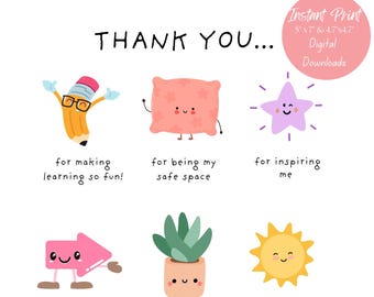 May include: A printable thank you card for a teacher with illustrations of a pencil, pillow, star, arrow, plant, and sun. The text reads "To My Teacher Thank You..." and includes reasons why the teacher is appreciated.