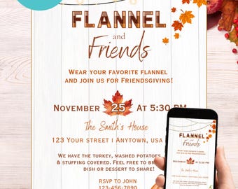 Friendsgiving Invitation: Flannel Theme, Editable Template (Digital Download)