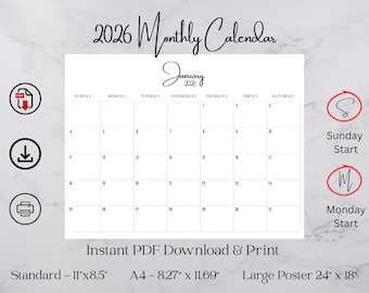 Calendário 2026 Imprimível, Planejador Mensal Moderno e Minimalista, Visão Geral do Ano, Início no Domingo e Segunda-feira, Download Digital em PDF