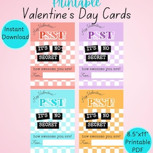 May include: Printable Valentine's Day cards with a pink and white theme. The cards have a checkerboard pattern and the text "Hey Valentine! PSST! It's No Secret how awesome you are!" The cards are 8.5"x11" PDF.