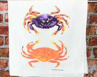 Tea Towel of Watercolor Crabs, Colorful Deluxe Dish Cloth