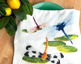 Watercolor Dragonflies Tea Towel, Flour sack dish towel